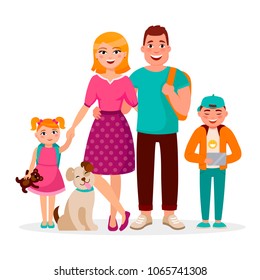 Caucasian family cartoon characters vector flat design isolated on white background. Happy parents and children together. Mother, father, son, daughter and cute dog.