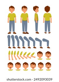 Caucasian family constructor set. Man in casual clothes. Pack of legs, arms and heads. Design elements for creating animations. Customization of father. Flat vector collection