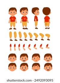 Caucasian family constructor set. Schoolboy in casual clothes. Pack of legs, arms and heads. Design elements for creating animations. Customization of son. Flat vector collection