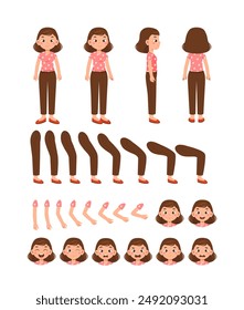 Caucasian family constructor set. Woman in casual clothes. Pack of legs, arms and heads. Design elements for creating animations. Customization of mother. Flat vector collection