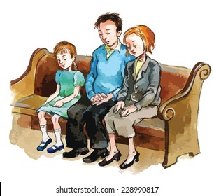 Caucasian family on the church pew. Black and white. Illustration on white background. Editorial. Education. Religion. Family activity. VECTOR.