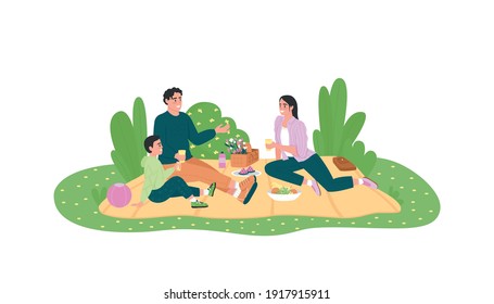 Caucasian Family On Picnic 2D Vector Web Banner, Poster. Happy Parents And Child Flat Characters On Cartoon Background. Spring Recreational Activity Printable Patch, Colorful Web Element