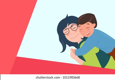 Caucasian family relationships. Mother hugging her son. They are laughing. Celebration cartoon for mother day with copyspace