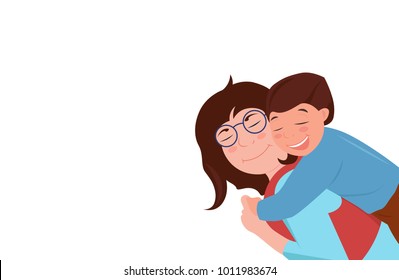 Caucasian family relationships. Mother hugging her son. They are laughing. Celebration cartoon for mother day with copyspace