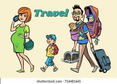 Caucasian family travelers, mom dad and kids