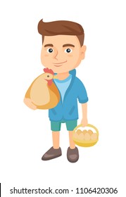 Caucasian farmer boy holding a chicken and hen eggs in his hands. Little boy with chicken and basket of hen eggs. Vector sketch cartoon illustration isolated on white background.