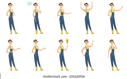 Caucasian farmer in coveralls gesturing. Full length of cheerful farmer gesturing with her hands. Farmer laughing and gesturing. Set of vector flat design illustrations isolated on white background.