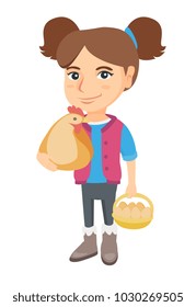 Caucasian farmer girl holding a chicken and hen eggs in her hands. Little girl with chicken and basket of hen eggs. Vector sketch cartoon illustration isolated on white background.