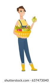 Caucasian farmer holding basket with fresh healthy harvest of vegetables and fruits. Farmer harvesting harvest of vegetables and fruits. Vector flat design illustration isolated on white background.
