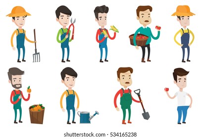 Caucasian farmer holding basket with tomatoes. Farmer collecting corn. Farmer holding a pitchfork. Gardener working with a pruner. Set of vector flat design illustrations isolated on white background.