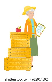 Caucasian farmer holding clipboard with documents. Full length of senior farmer holding documents near wooden crates. Vector flat design illustration isolated on white background.