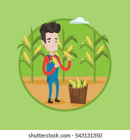 Caucasian farmer holding a corn cob on the background of field. Farmer collecting corn. Farmer standing near basket with corn. Vector flat design illustration in the circle isolated on background.