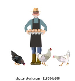 Caucasian farmer holding a tray of eggs and hens. Vector illustration isolated on white background