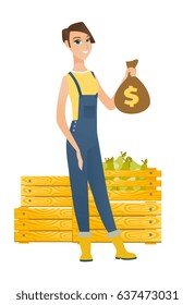 Caucasian farmer showing money bag with dollar sign on the background of crates with pears. Full length of young farmer with money bag. Vector flat design illustration isolated on white background.