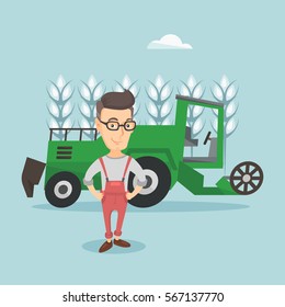Granjero caucásico parado en el fondo de cosechadora combinada trabajando en el campo de trigo. Agricultor y cosechador de trigo en campo. Ilustración de diseño plana vectorial. Diseño cuadrado.