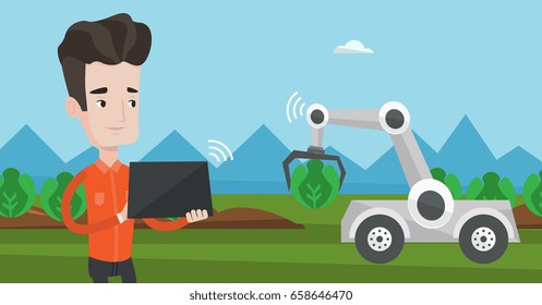 Caucasian farmer standing on the background of robot harvesting cabbage at agricultural field. Farmer checking work of robot at agricultural field. Vector flat design illustration. Horizontal layout.