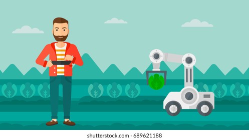 Caucasian farmer standing on the background of robot harvesting cabbage at agricultural field. Farmer checking work of robot at agricultural field. Vector flat design illustration. Horizontal layout.