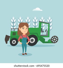 Granjero caucásico parado en el fondo de cosechadora combinada trabajando en un campo de trigo. Jóvenes granjeros y cosechadores que cosechan trigo en un campo. Ilustración de dibujos animados. Diseño cuadrado.