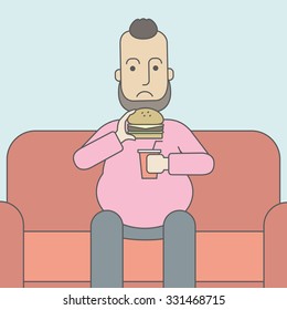 A caucasian fat man with beard sitting on the sofa while eating hamburger and drinking soda. Vector line design illustration. Square layout.