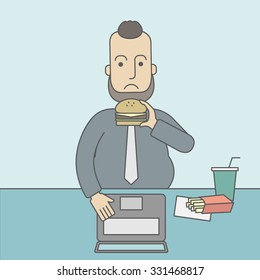 Un gordo caucásico con barba trabajando en una laptop comiendo comida basura. Ilustración de diseño de línea de vector. Diseño cuadrado.
