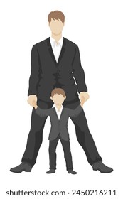 Caucasian father and son in suits stand next to each other holding hands - simple vector style. businessman with son