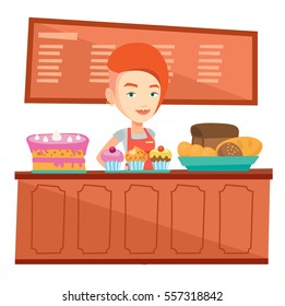 Caucasian female bakery worker offering pastry. Female bakery worker standing behind the counter with cakes. Woman working at the bakery. Vector flat design illustration isolated on white background.