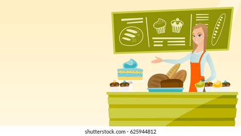 Caucasian female bakery worker offering pastry. Smiling female bakery worker standing behind the counter with cakes. Woman working at the bakery. Vector flat design illustration. Horizontal layout.