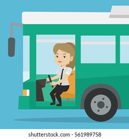 Caucasian female bus driver sitting at steering wheel. Young female driver driving passenger bus. Female bus driver sitting in drivers seat in cab. Vector flat design illustration. Square layout.