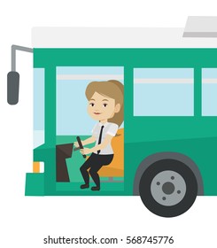 Caucasian female bus driver sitting at steering wheel. Young driver driving passenger bus. Bus driver sitting in drivers seat in cab. Vector flat design illustration isolated on white background.