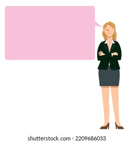 Caucasian female businesswoman with comment balloon, speech bubble and arms crossed. eight heads high