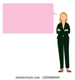 Caucasian female businesswoman with comment balloon, speech bubble and arms crossed. eight heads high