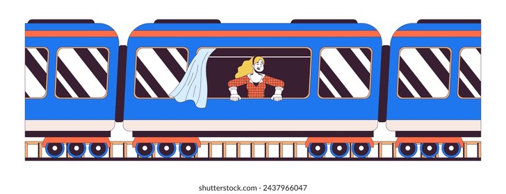 Caucasian female commute passenger train 2D linear cartoon character. European woman riding wagon isolated line vector person white background. Travel destination color flat spot illustration