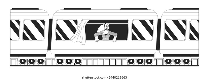 Personaje de dibujos animados de línea 2D blanco y negro de tren de pasajeros femenino caucásico. Mujer europea montando vagón aislado vector contorno persona. Ilustración de punto plano monocromático de destino de viaje