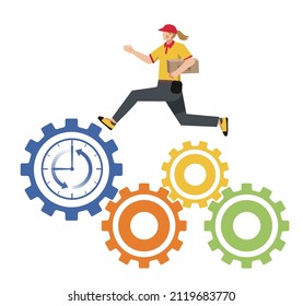 Caucasian female deliveryman delivery avatar running on a clocked gear Business image Labor productivity, white background