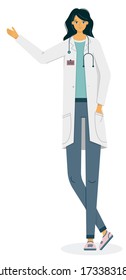 Caucasian female doctor giving a piece of advice consulting helping patients. Flat vector illustration of medic isolated.