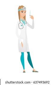 Caucasian female doctor holding medical injection syringe. Young doctor standing with syringe. Doctor holding syringe ready for injection. Vector flat design illustration isolated on white background.