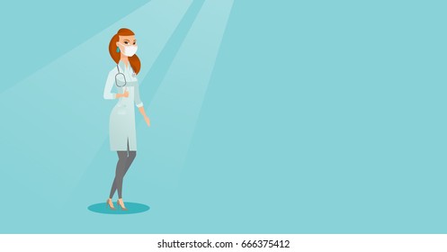 Caucasian female doctor in mask giving thumb up. Female doctor in medical gown showing thumb up gesture. Female doctor with gesture thumb up. Vector flat design illustration. Horizontal layout.