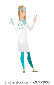 Caucasian female doctor with stethoscope holding thermometer and plate of pills. Young happy doctor with thermometer and plate of pills. Vector flat design illustration isolated on white background.