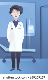 Caucasian female doctor in white medical robe and with stethoscope on her neck standing on the background of hospital room with bed and drop counter. Vector flat design illustration. Vertical layout.
