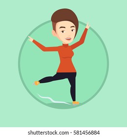 Caucasian Female Figure Skater Posing On Skates. Female Figure Skater Performing On Ice Skating Rink. Young Ice Skater Dancing. Vector Flat Design Illustration In The Circle Isolated On Background.