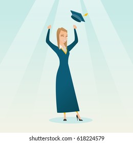 Caucasian female graduate throwing up her hat. Excited graduate in cloak and graduation hat. Cheerful female graduate with hands raised celebrating. Vector flat design illustration. Square layout.