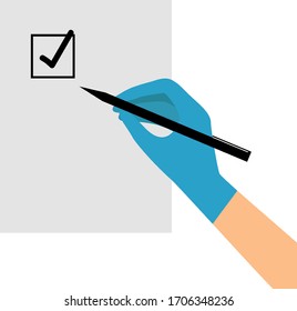 Caucasian female hand in protective gloves signing with pen. Doctor hand holding a pen. Vector illustration in flat style. Doctor, surgeon, nurse hands