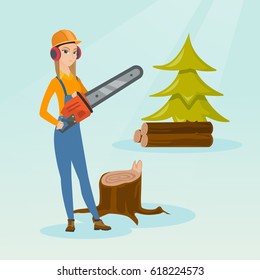 Caucasian female lumberjack holding chainsaw. Lumberjack in workwear, hard hat and headphones at the forest near stump. Young lumberjack chopping wood. Vector flat design illustration. Square layout.