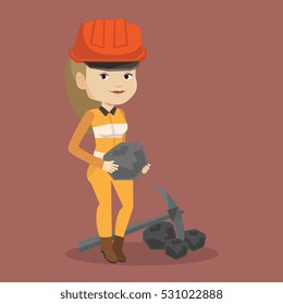 Caucasian female miner in hard hat holding coal in hands. Female miner with a pickaxe. Miner working at coal mine. Vector flat design illustration. Square layout.