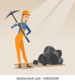 Caucasian female miner in hard hat working with a pickaxe. Female miner in helmet working at the coal mine. Young female miner at work. Vector flat design illustration. Square layout.