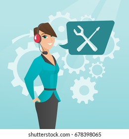 Operadora caucásica de apoyo técnico con auriculares. Operador de soporte técnico joven y cuadrado de voz con destornillador y llave. Ilustración de dibujos animados. Diseño cuadrado.