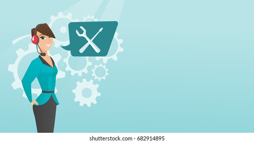 Operadora caucasiana do suporte técnico usando fone de ouvido. Jovem operador de suporte técnico e quadrado da fala com chave de fenda e chave de fenda. Ilustração de desenho animado vetorial. Layout horizontal.