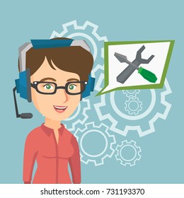 Operadora caucasiana do suporte técnico usando fone de ouvido. Jovem operador de suporte técnico e quadrado da fala com uma chave de fenda e uma chave de fenda. Ilustração de desenho animado vetorial. Layout quadrado.