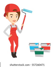 Caucasian female painter in uniform holding paint roller in hands. Young house painter at work. Female painter standing near paint cans. Vector flat design illustration isolated on white background.