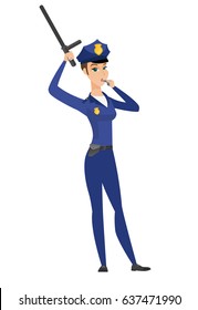 Caucasian female police officer in blue uniform holding truncheon and whistling. Full length of police officer with whistle and truncheon. Vector flat design illustration isolated on white background.